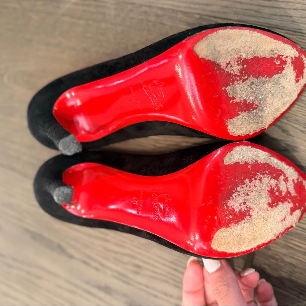 Christian Louboutin Black Suede Peep Toe Heels - Picture 3 of 4